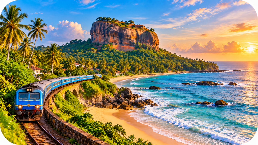 Golden-Hour Coastal Train and Rock Fortress