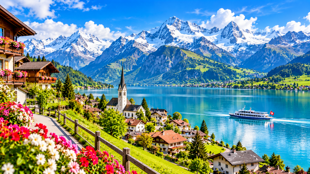 Swiss Alpine Village by the Turquoise Lake